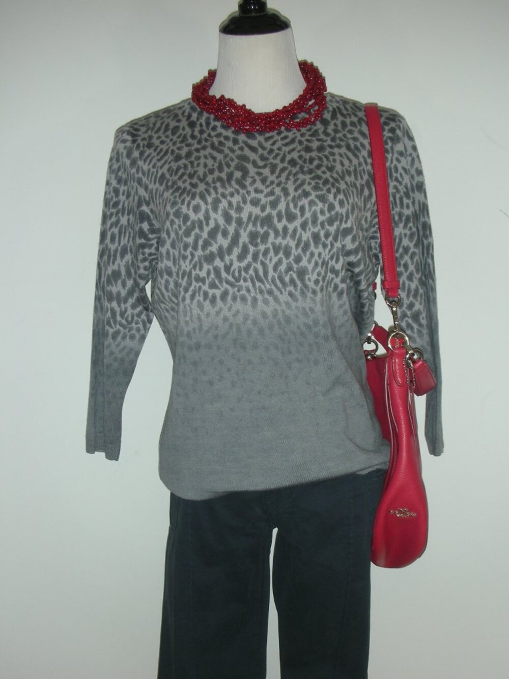 Talbots Pure Merino Wool Gray Ombre Leopard Sweater XL Quiet Luxury Animal Print